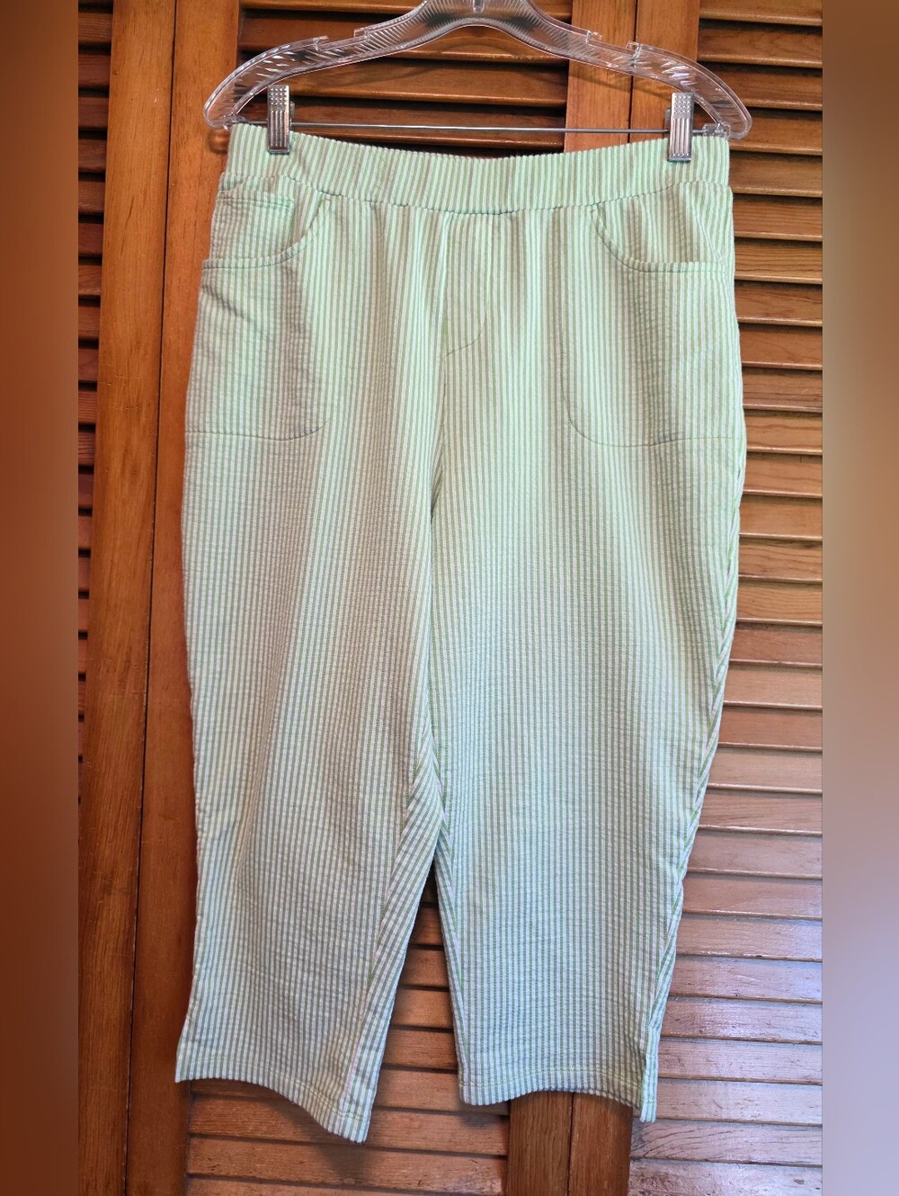 Quacker Factory Green & White Seersucker Capri Pants Pull on Crop With Pockets M